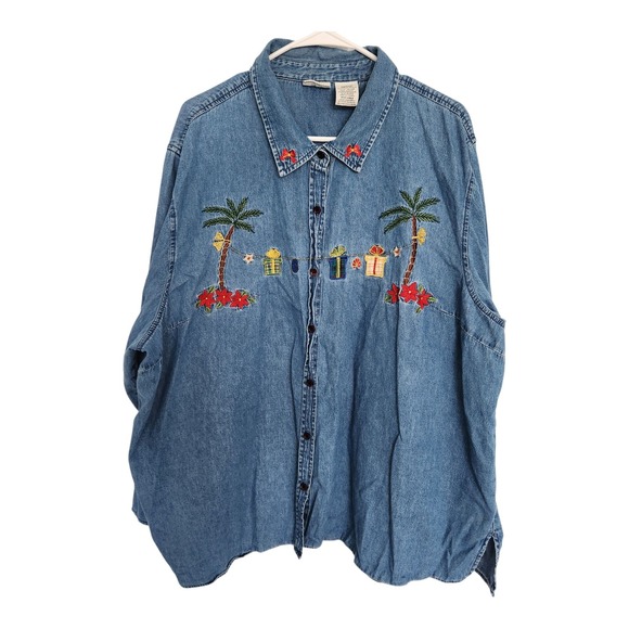 White Stag Plus Size Denim Embroidered Holiday Christmas Palm Tree Button Down - Picture 1 of 6